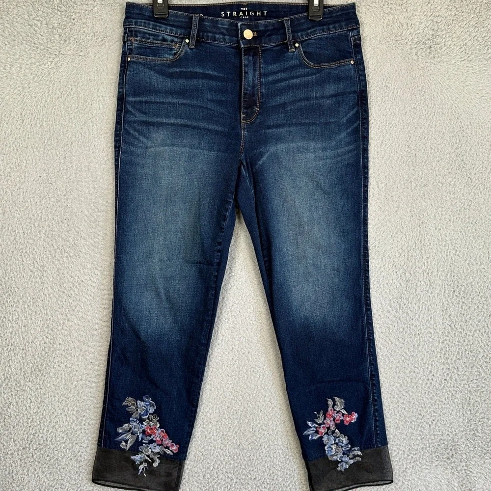 White House Black Market Jeans Women 10 Blue The Straight Crop Embroidered Denim